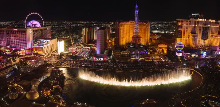Vibrant Las Vegas Strip Night Scene, Iconic Landmarks, Lights, Water Show photo