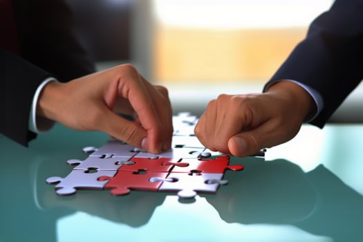 Group people putting puzzles together. Hands teamwork thinking partnership business meeting jigsaw strategy cooperation brainstorm company unity success piece join game part element photo