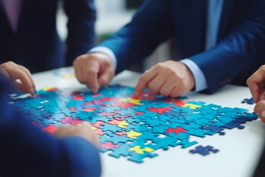 Group people putting puzzles together. Hands teamwork thinking partnership business meeting jigsaw strategy cooperation brainstorm company unity success piece join game part element photo