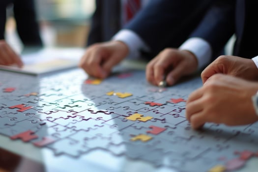 Group people putting puzzles together. Hands teamwork thinking partnership business meeting jigsaw strategy cooperation brainstorm company unity success piece join game part element photo