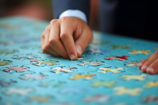 Group people putting puzzles together. Hands teamwork thinking partnership business meeting jigsaw strategy cooperation brainstorm company unity success piece join game part element photo