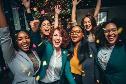 Celebration in office party diverse employees men women colleagues having fun meeting smiling festivity corporate event businessman teamwork confetti celebrating business achievements photo