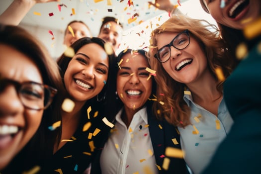 Celebration in office party diverse employees men women colleagues having fun meeting smiling festivity corporate event businessman teamwork confetti celebrating business achievements photo