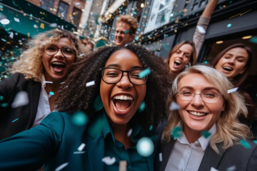 Celebration in office party diverse employees men women colleagues having fun meeting smiling festivity corporate event businessman teamwork confetti celebrating business achievements photo