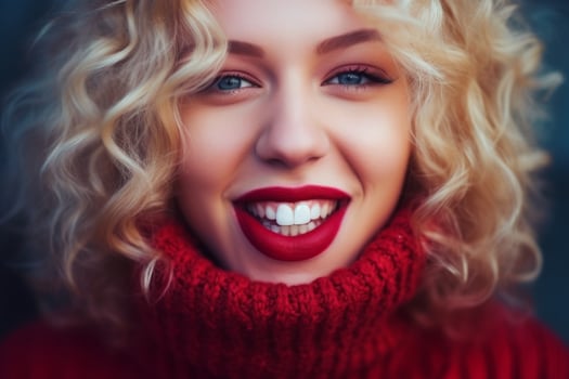 Portrait happy cheerful toothy smiling white teeth young blonde Caucasian businesswoman student lady curly coiffure model woman female elegant make up girl cozy red sweater looking at photo