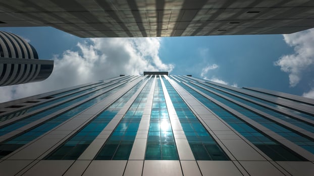 Top view building blue sky background wallpaper copy space empty city urban business technology modern tower facade window futuristic travel commercial office perspective contermporary district cloud photo