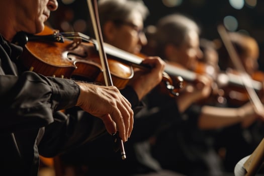 Talented musician playing violin cello in orchestra concert theatre opera musical talent skill classical music artistic performance string instrument intelligent person clear sound live photo