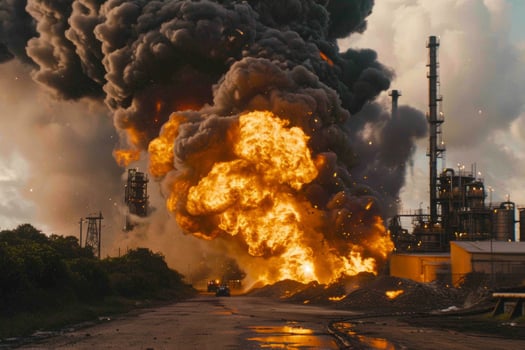 Major industrial fire explosions factory incident flame emergency catastrophe smoke burning oil refinery plant safety measures techno accident emergency warehouse explosives disaster photo