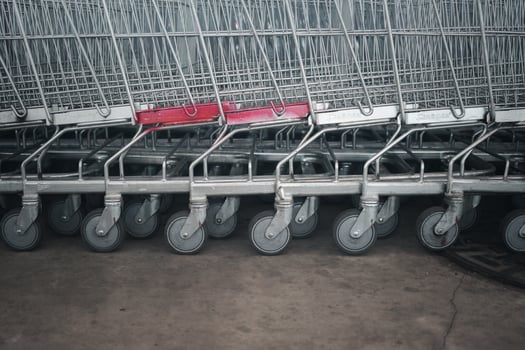 Close-up of a row shopping cart wheels. Concept of shopping photo