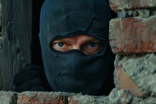 Burglar thief robbing house criminal activity robbery burglary mask crime scene stealing mugger security risk cctv camera catch illegal activity dangerous evil violence gun balaclava photo