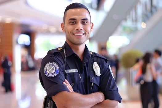 Security guard professional safety patrol man police employee mall safe business protect serve confident authority public space secure guarding agent staff shop convenience store grocery photo