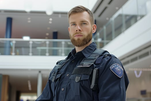Security guard professional safety patrol man police employee mall safe business protect serve confident authority public space secure guarding agent staff shop convenience store grocery photo
