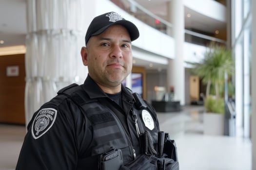 Security guard professional safety patrol man police employee mall safe business protect serve confident authority public space secure guarding agent staff shop convenience store grocery photo