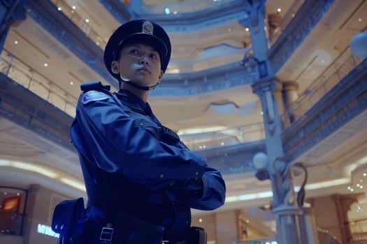 Security guard professional safety patrol man police employee mall safe business protect serve confident authority public space secure guarding agent staff shop convenience store grocery photo