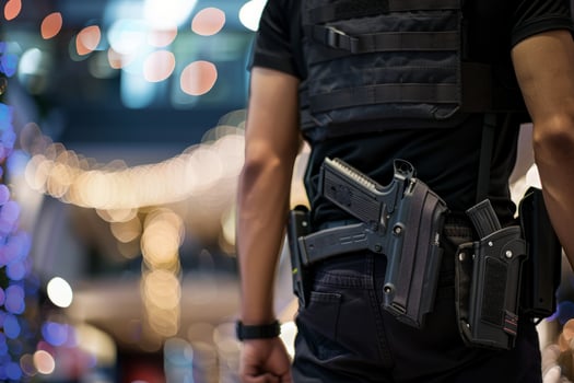 Security guard professional safety patrol man police employee mall safe business protect serve confident authority public space secure guarding agent staff shop convenience store grocery photo