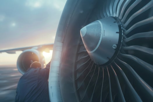 Skilled young airplane mechanic plane check engine avionics hangar industry technology experienced engineer safety scheduled maintenance transportation jet airport repair inspection photo