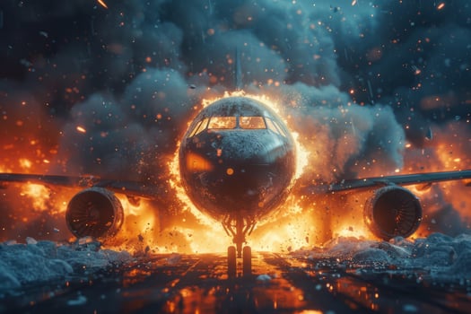 Plane crash airplane on runway catastrophe burning wrecks engine fire failure explosion fuel danger rescuing passengers commercial jet accident takeoff landing collision photo