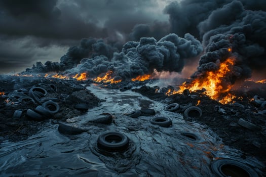 Toxic landfill full of rubber burning tires junkyard pollution waste disposal environmental disaster government regulation eco awareness threat plastic dump smoke fire damage to nature photo