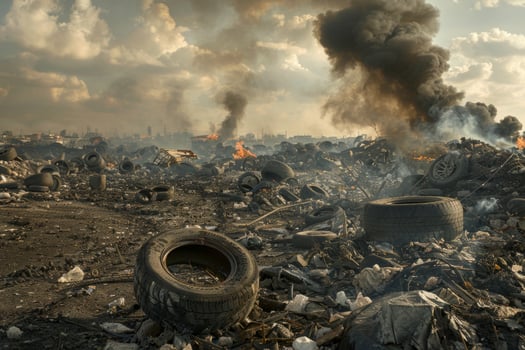 Toxic landfill full of rubber burning tires junkyard pollution waste disposal environmental disaster government regulation eco awareness threat plastic dump smoke fire damage to nature photo