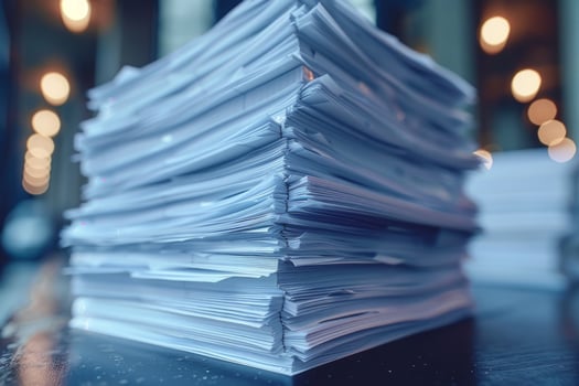Piles of paper office filled with paperwork full archive file documents stack of folders information outdated old technology digitalization reports unorganized history messy research photo