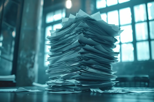Piles of paper office filled with paperwork full archive file documents stack of folders information outdated old technology digitalization reports unorganized history messy research photo