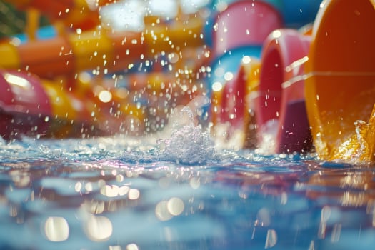 Water slide amusement park tourist attraction summer kids festivity festival joy pool with blue clear water vacation leisure time aquapark fast sliding pipes colorful resort entertainment photo