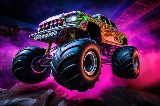 Neon-Lit Monster Truck in Action in Mid-Air photo