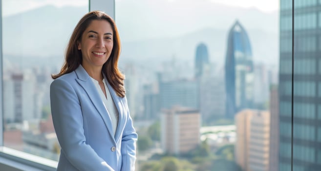 Professional Businesswoman in Modern Office with Urban Skyline Backdrop - Corporate Leadership and Business Portrait Photography photo