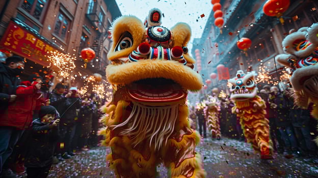 Energetic scene of Lion Dance performance on the streets during the Chinese New Year. photo