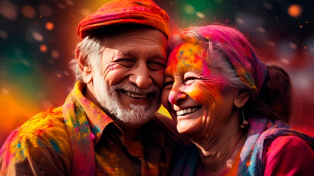 An elderly couple - a man and a woman with joyful faces at the celebration of the Holi festival. photo