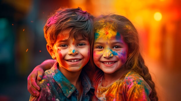A boy and a girl with joyful faces at the celebration of the Holi festival. photo
