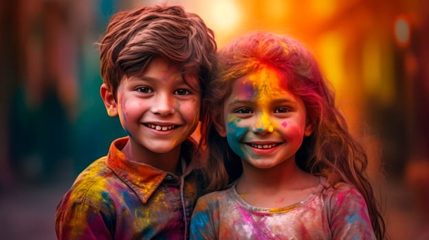 A boy and a girl with joyful faces at the celebration of the Holi festival. photo