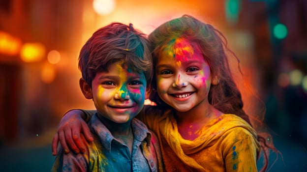 A boy and a girl with joyful faces at the celebration of the Holi festival. photo