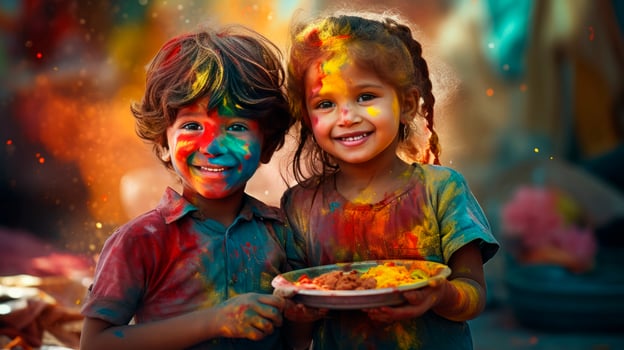 A boy and a girl with joyful faces at the celebration of the Holi festival. photo
