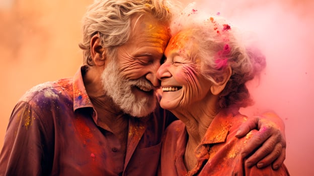 An elderly couple - a man and a woman with joyful faces at the celebration of the Holi festival. photo
