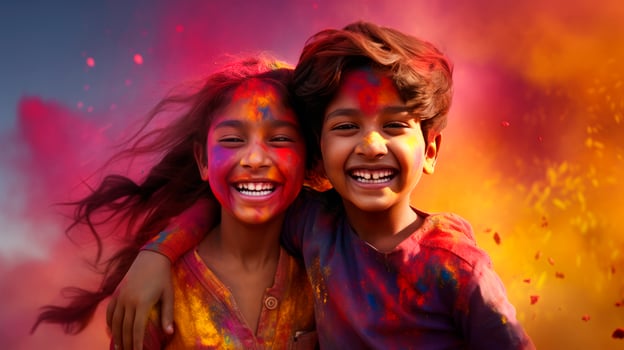 A boy and a girl with joyful faces at the celebration of the Holi festival. photo