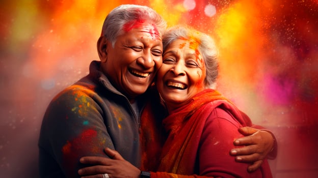 An elderly couple - a man and a woman with joyful faces at the celebration of the Holi festival. photo