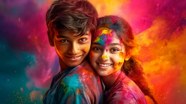 A boy and a girl with joyful faces at the celebration of the Holi festival. photo