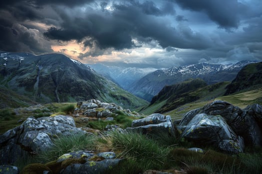 Mountain Landscape Under Dramatic Evening Sky photo