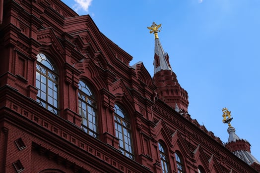 Details and elements of red brick State Historical Museum in Moscow in Russia. photo