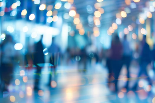 Blurry image of people in a brightly lit public space, capturing the hustle and bustle of urban life. photo