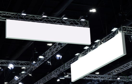 Hanging two mock up white horizontal billboard with clipping path for mock up photo
