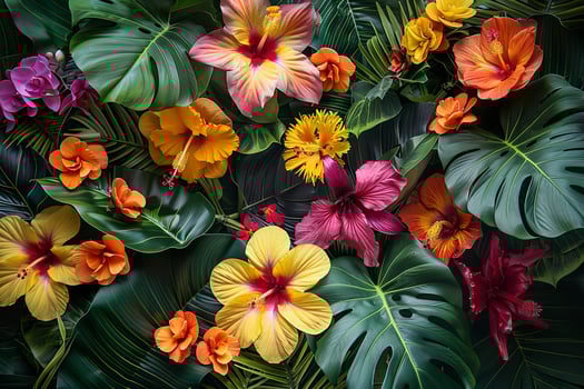 Vivid display of tropical flowers and lush foliage, featuring a rich palette of red, yellow, and pink photo