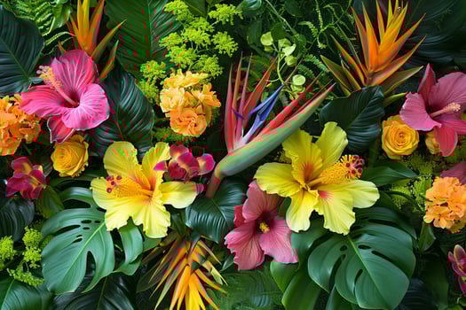 Vivid display of tropical flowers and lush foliage, featuring a rich palette of red, yellow, and pink photo