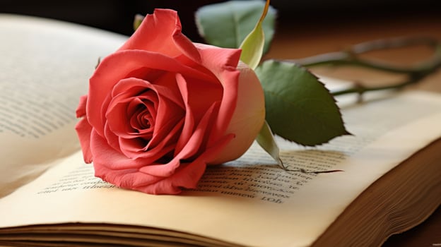 A single rose rests atop the pages, petals still fresh and fragrant, a symbol of the enduring love the letters represent. photo