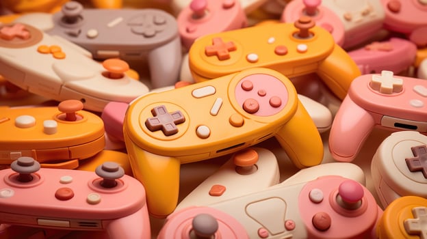 Closeup of a collection of Peach Fuzzcolored retro game controllers, from the bulky Nintendo 64 controller to the sleek Sega Genesis controller. photo