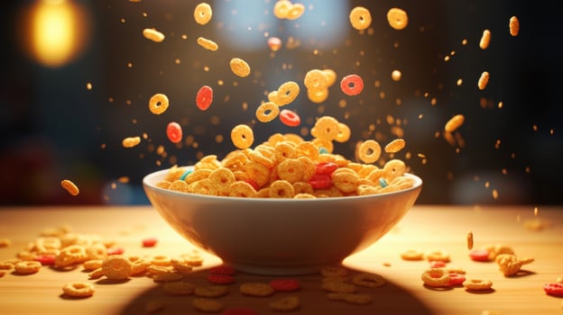 This shot captures an array of tiny cereal rings, magically arranged in perfect alignment within the bowl. Each bitesized piece boasts a glossy sugar coating that adds an extra layer of photo