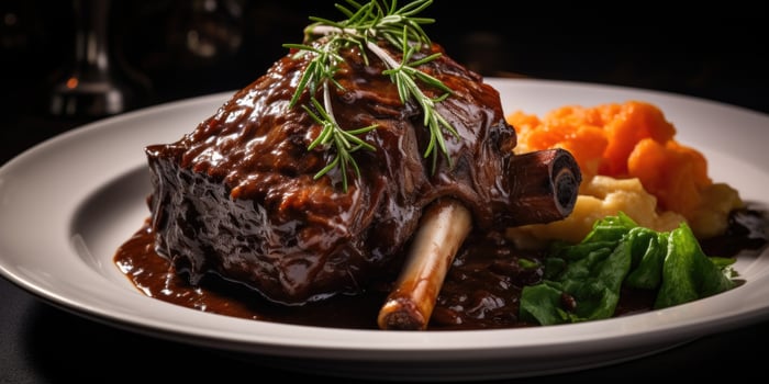 This visually stunning shot highlights a bonein lamb shank, slowcooked to perfection, resulting in a tantalizing dish that effortlessly falls off the bone, revealing the tender, succulent photo