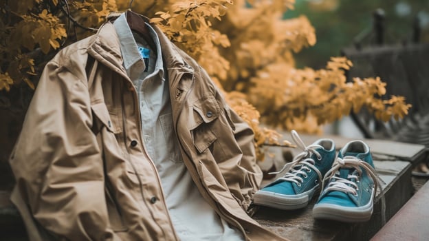 Earthy Vibes Embrace natural elements with this outfit featuring a neutraltoned, vintageinspired windbreaker, an ultracomfy bamboo fiber tshirt, and earthfriendly sneakers made from photo