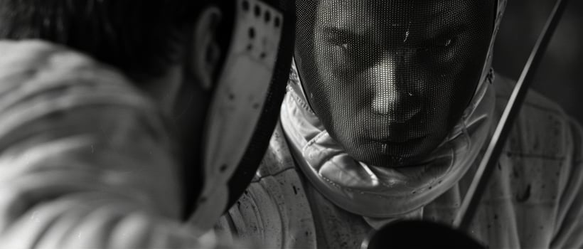 The intense stare of a fencer as they size up their opponent and plan their next attack photo